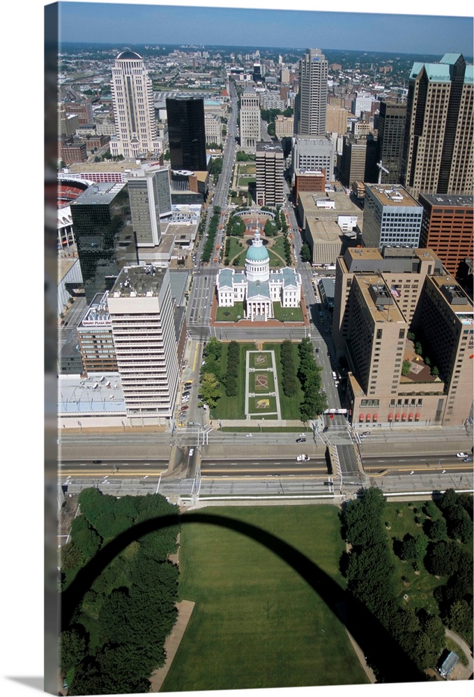 Downtown seen from Gateway Arch, which casts a shadow, St. Louis, Missouri