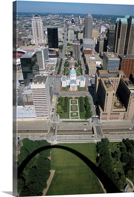 Downtown seen from Gateway Arch, which casts a shadow, St. Louis, Missouri