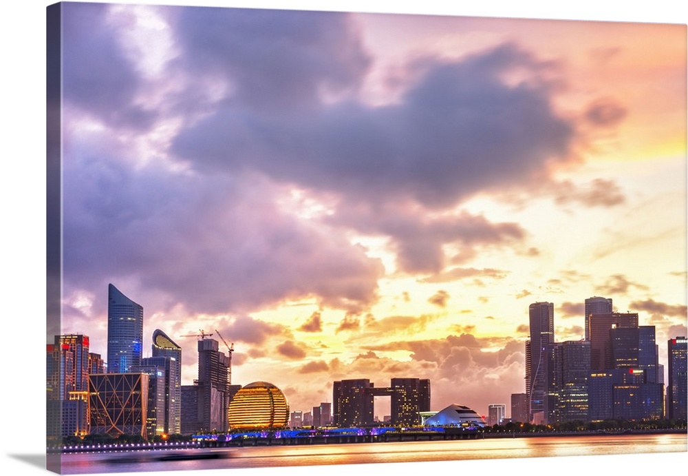 Dramatic sunset clouds over new skyscrapers of Hangzhou new business district, Jianggan, Hangzhou, Zhejiang, China