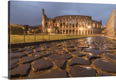 Dusk lights on the Colosseum, Rome, Lazio, Italy