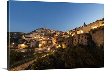 Dusk on the ancient town and historical center, Sassi, perched on rocks on top of hill