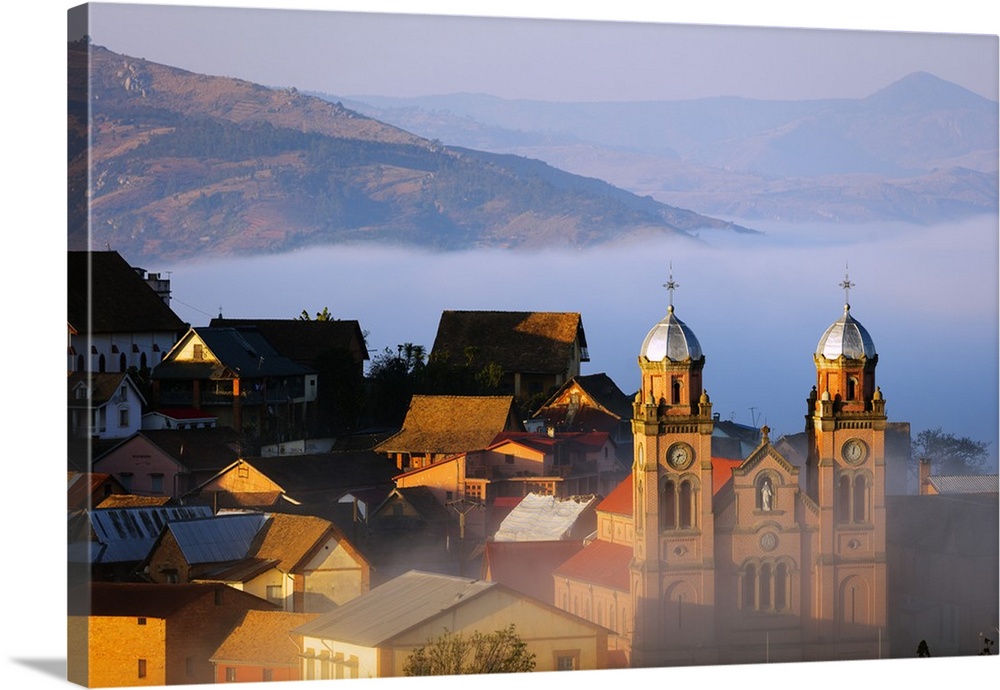 Early morning mist on the Haute Ville old town, Ambozontany Cathedral, Fianarantsoa, central area, Madagascar, Africa