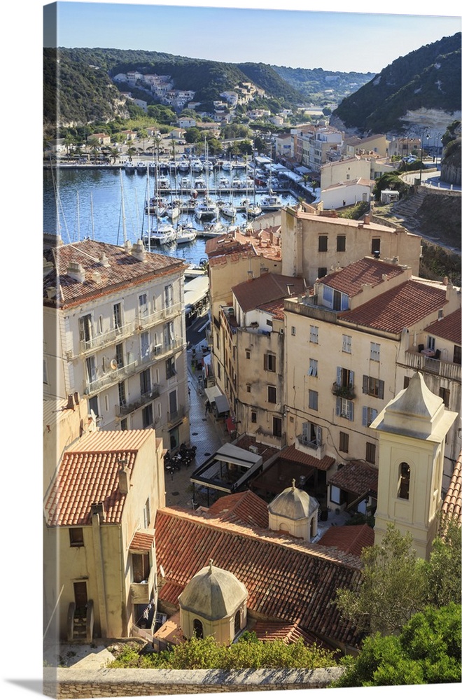 Elevated view of marina, Bonifacio, Corsica, France, Mediterranean, Europe