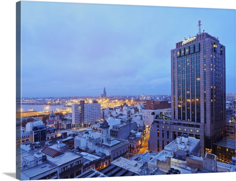 Elevated view of the City Centre with the characteristic building of the Radisson Hotel, Montevideo, Uruguay, South America