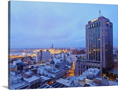 Elevated view of the City Centre with the characteristic building of the Radisson Hotel