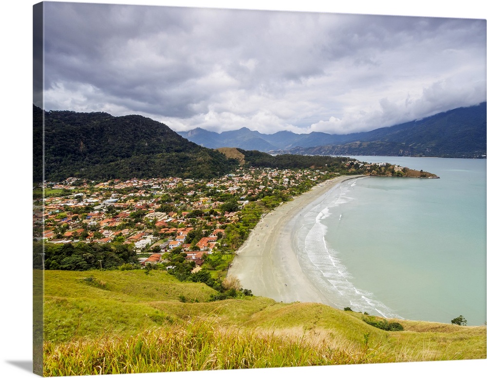 Elevated view of the Praia Barequecaba with Ilhabela Island in the background, State of Sao Paulo, Brazil, South America