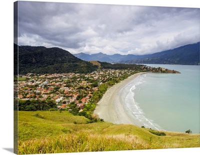 Elevated view of the Praia Barequecaba with Ilhabela Island in the background, Sao Paulo