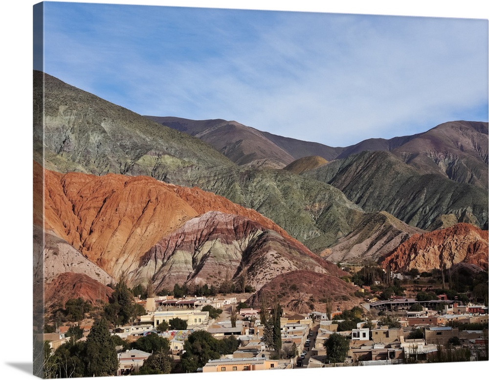 Elevated view of the town and the Hill of Seven Colours (Cerro de los Siete Colores), Purmamarca, Jujuy Province, Argentin...