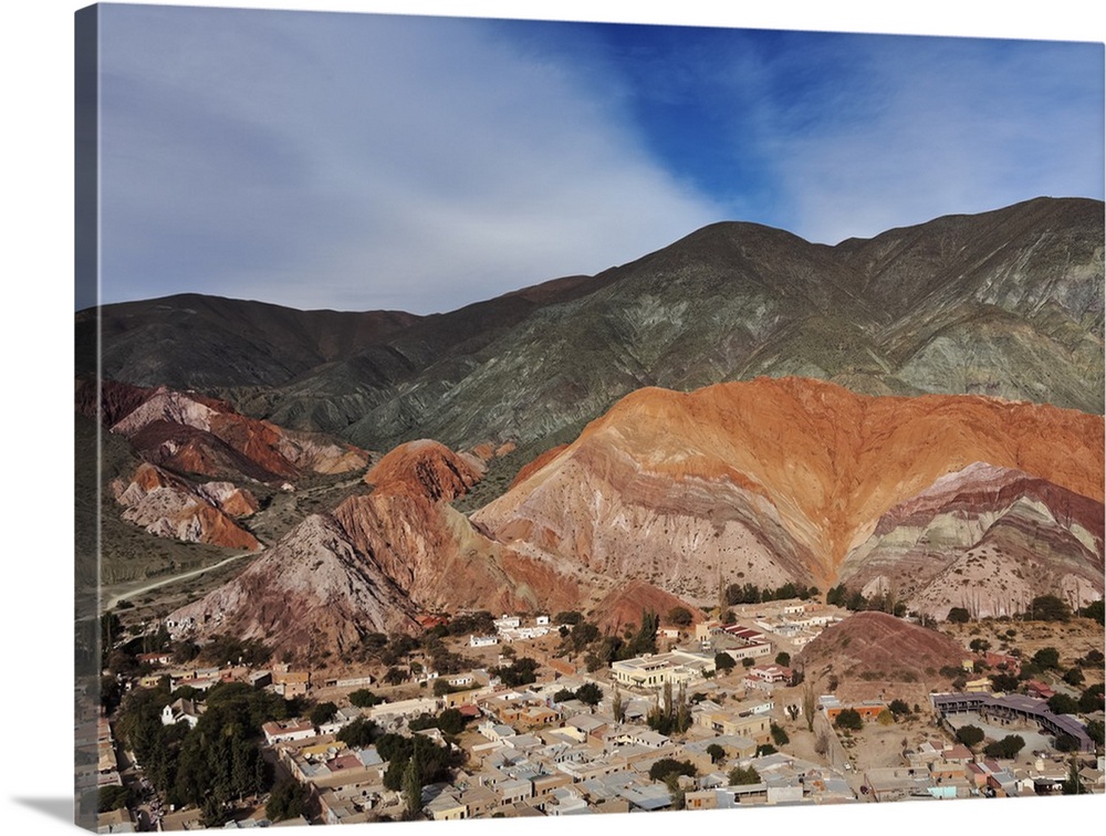 Elevated view of the town and the Hill of Seven Colours (Cerro de los Siete Colores), Purmamarca, Jujuy Province, Argentin...