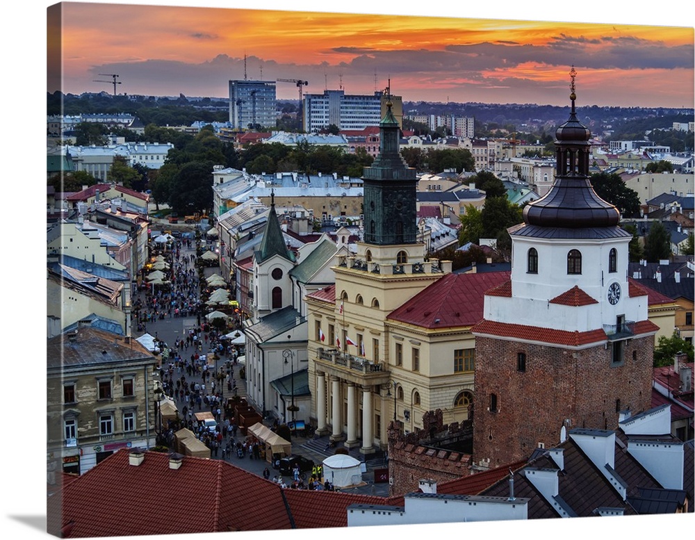 Elevated view towards the Krakow Gate, City Hall and Krakowskie Przedmiesc, Old Town, City of Lublin, Lublin Voivodeship, ...