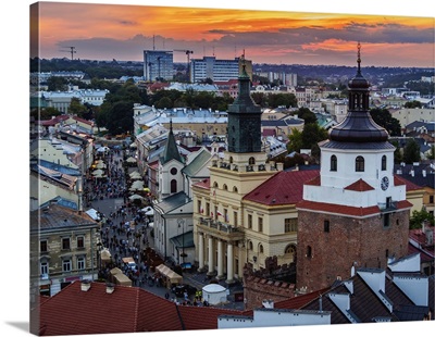 Elevated view towards the Krakow Gate, City Hall and Krakowskie Przedmiesc, Poland