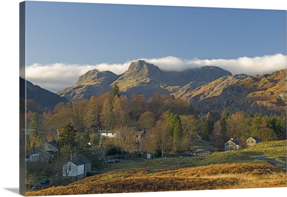 Elterwater village with Langdale Pikes, Lake District National Park, Cumbria, England