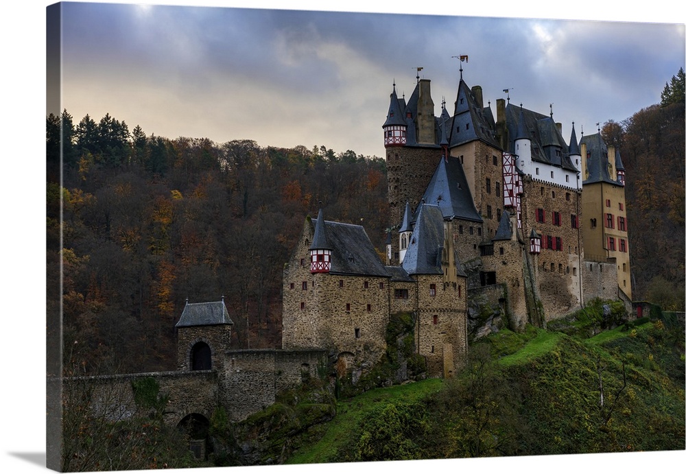 Eltz medieval historic castle in an autumn landscape with trees at sunrise, Wierschem, Rhineland-Palatinate, Germany, Europe