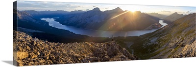 Epic panorama view of Spray Lakes at sunset from mountain peak, Alberta, Canada