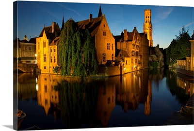 Evening reflections on Rozenhoedkaai, with Belfry Tower, Bruges, West Flanders, Belgium