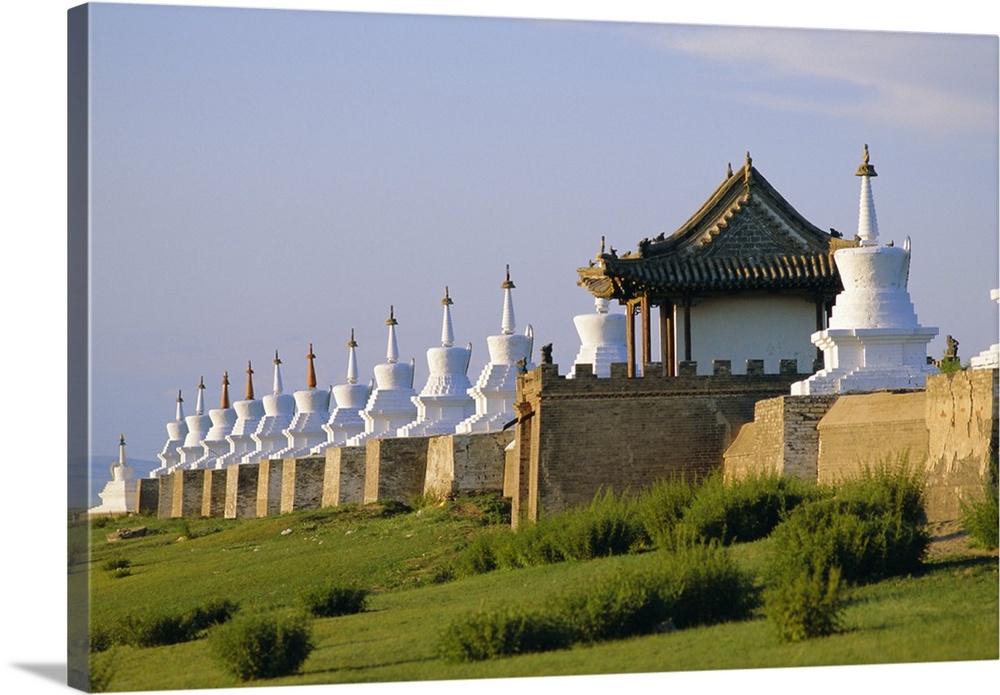 Exterior wall with 108 stupas at Erdene Zuu Monastery, Kharkhorin, Karakorum, Ovorkhangai, Mongolia