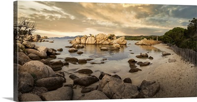 Famous Palombaggia Beach With Rocks At Sunset, Island Of Corsica, France