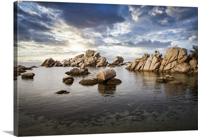 Famous Palombaggia Beach With Rocks At Sunset, Island Of Corsica, France
