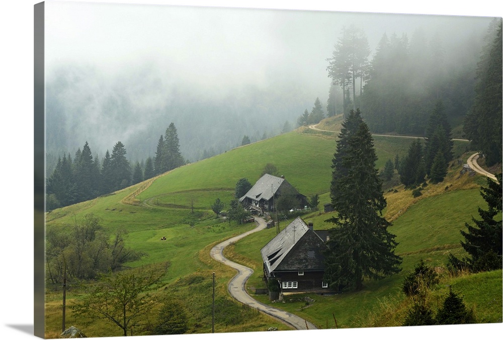 Farmhouses in fog, Muchenland, Black Forest, Baden-Wurttemberg, Germany