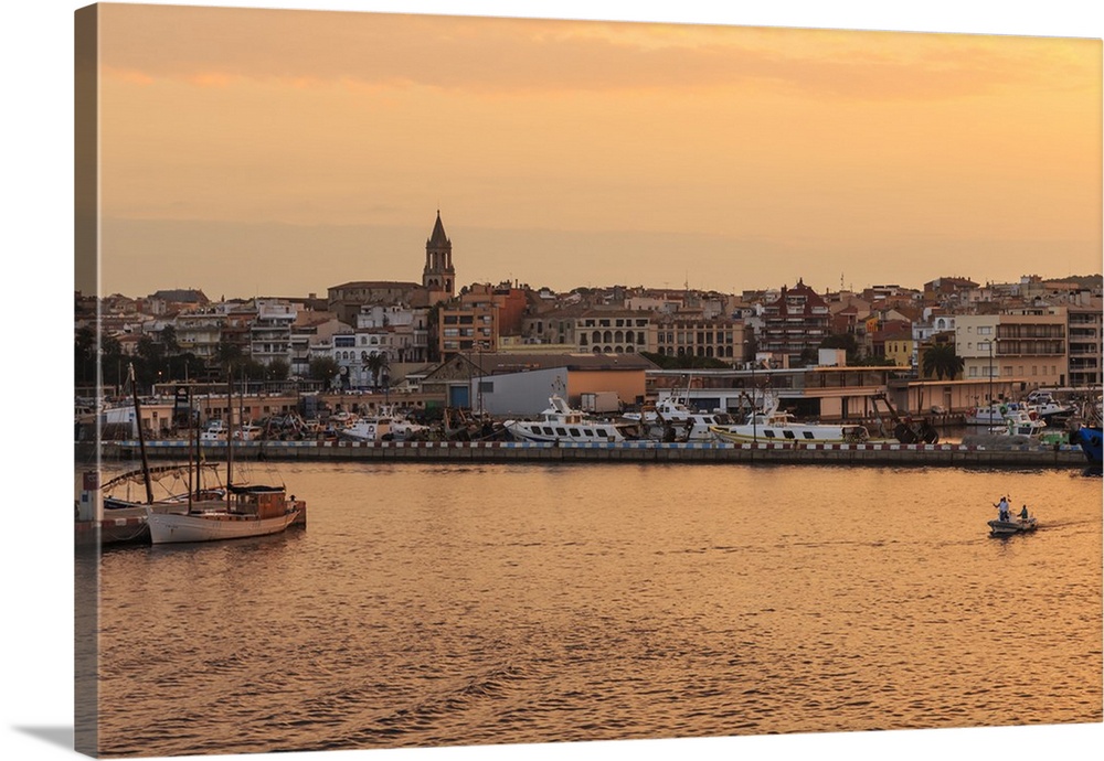 Fishing boats and town at sunrise, Palamos, Costa Brava, Girona, Catalonia, Spain, Europe