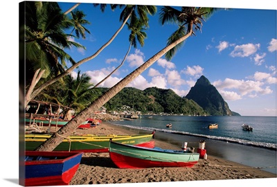 Fishing boats at Soufriere with the Pitons in the background, island of St. Lucia