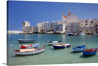 Fishing boats at the harbour, old town with cathedral, Puglia, Italy