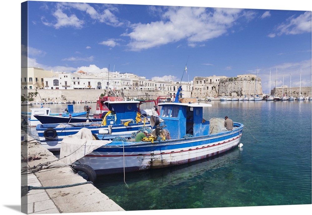 Fishing boats at the port, old town with castle, Gallipoli, Lecce province, Salentine Peninsula, Puglia, Italy, Mediterran...