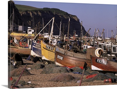 Fishing boats on the beach, Hastings, East Sussex, England, UK