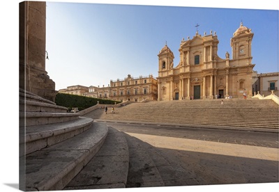 Flight of steps frames the ancient facade of Cattedrale di San Nicola di Mira, Sicily