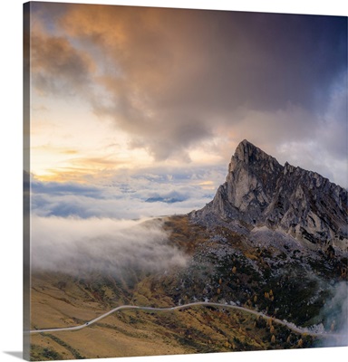 Foggy Sky At Sunset Over Ra Gusela And Giau Pass In Autumn, Dolomites, Italy