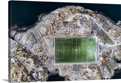 Football Field On Islet From Above, Lofoten Islands, Norway