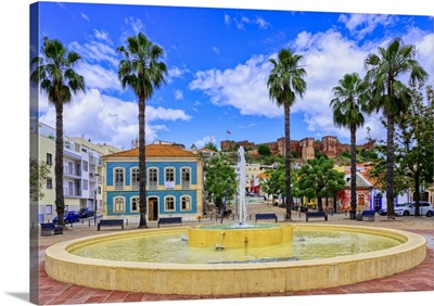Fountain With A View Of The Silves Fortress, Algarve, Portugal