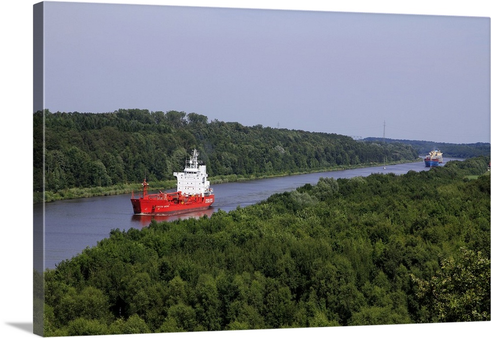 Freight Ships on Kiel Canal going near Hochdonn, Dithmarschen, Schleswig-Holstein, Germany