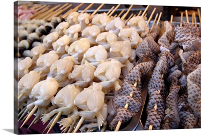Frogs legs and snake skin at Donghuamen Yeshi night market, Beijing, China, Asia
