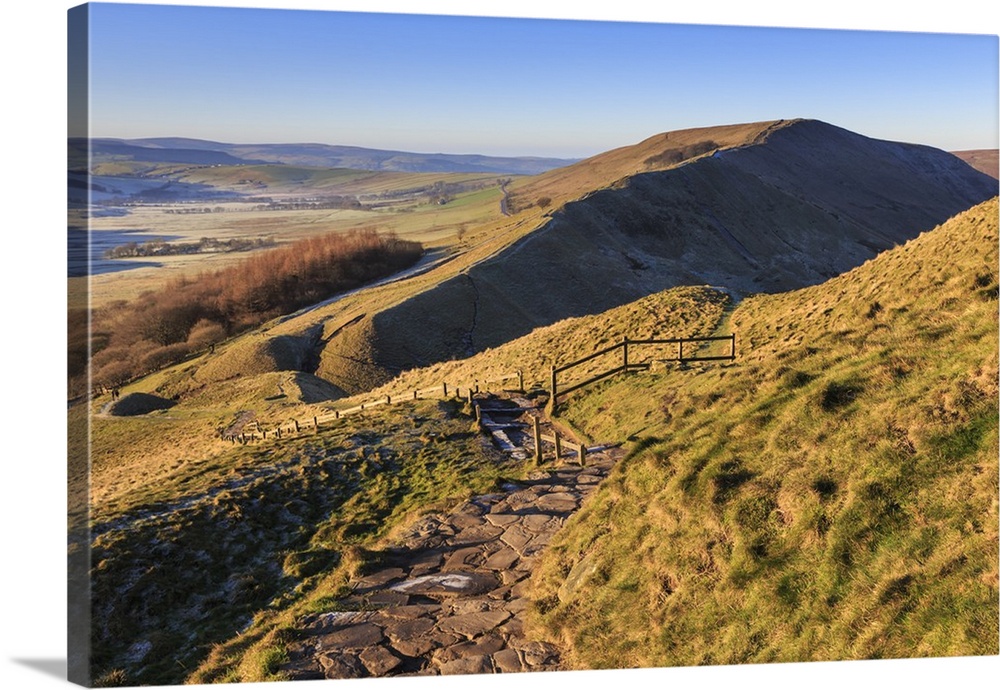 Frosty morning, Great Ridge, view to Rushup Edge from slopes of Mam Tor, near Edale, Peak District, Derbyshire, England, U...