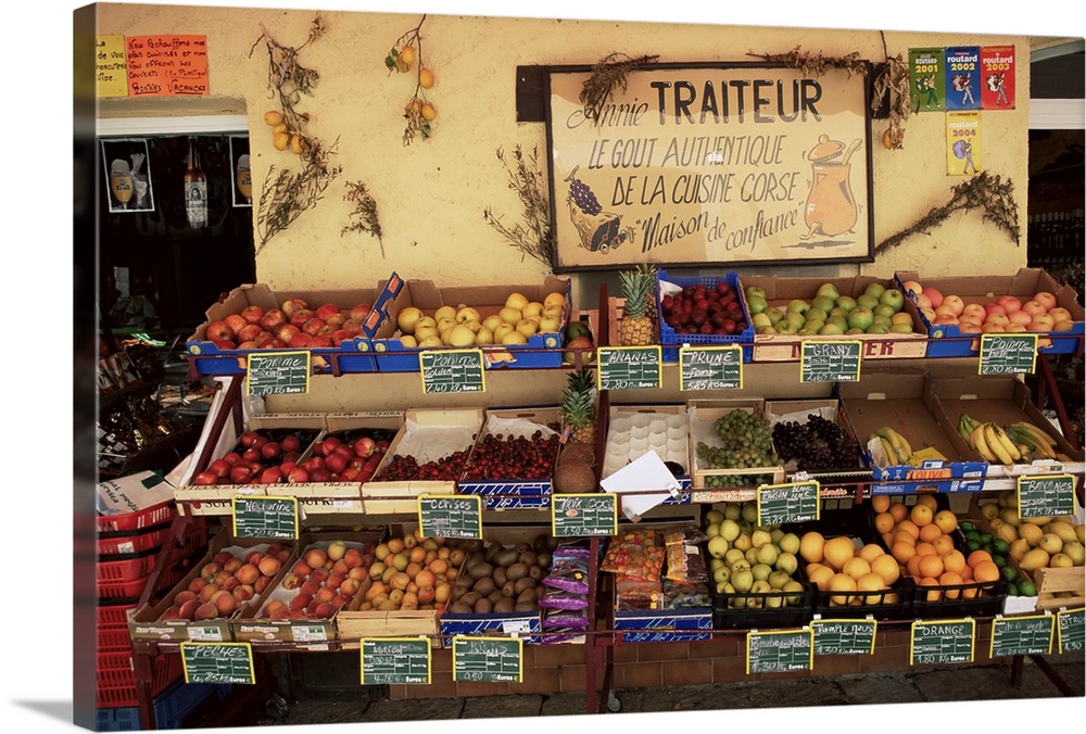 Fruit displayed outside shop, Calvi, Corsica, France, Europe