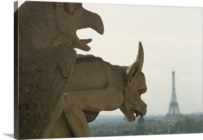 Gargoyles on Notre Dame Cathedral, and beyond, the Eiffel Tower, Paris, France, Europe