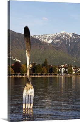 Giant fork sculpture from Alimentarium food museum, Lake Geneva Vevey, Vaud, Switzerland