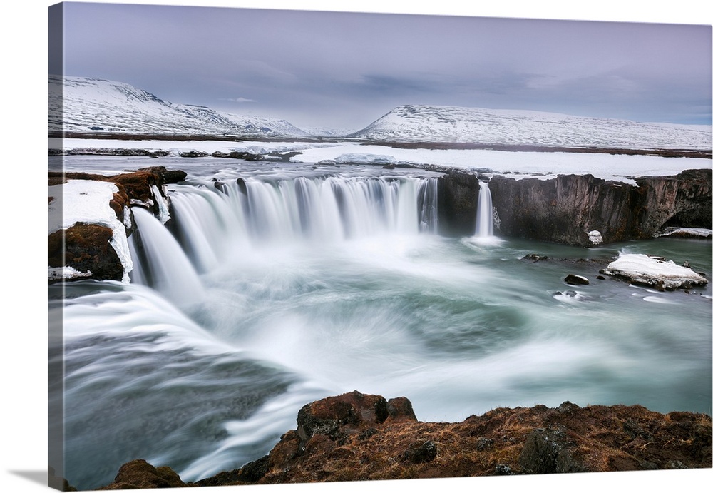 Godafoss in Northern Iceland, at blue hour during the last of the winter weather, Iceland, Polar Regions
