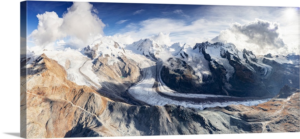 Aerial panoramic view of Gorner Glacier, Lyskamm, Monte Rosa, Castor and Pollux mountains, Zermatt, Valais, Swiss Alps, Sw...