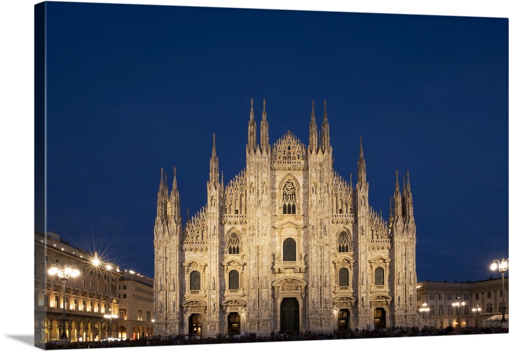 Gothic spires on the facade of the Milan Cathedral in the Piazza del Duomo at dusk, Milan, Lombardy, Italy, Europe