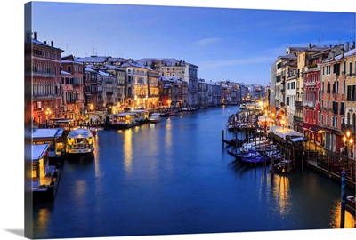 Grand Canal from Rialto Bridge, dawn blue hour, Venice, Veneto, Italy