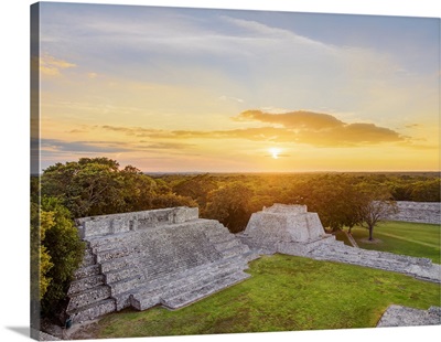 Great Acropolis At Sunset, Elevated View, Edzna Archaeological Site, Campeche, Mexico