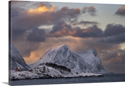 Hamn And Teistevika At Sunset Backed By Indre Teisten Mountain, Norway