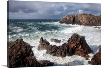 Heavy seas pounding the rocky coastline at Dalbeg, Isle of Lewis, Scotland, UK