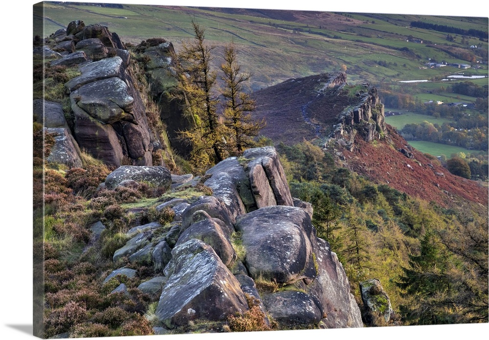 Hen Cloud from The Roaches rock formation in autumn, near Leek, Peak District National Park, Staffordshire Moorlands, Staf...