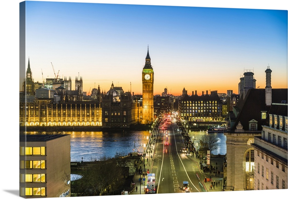 View of Big Ben, the Palace of Westminster and Westminster Bridge at dusk, London, England