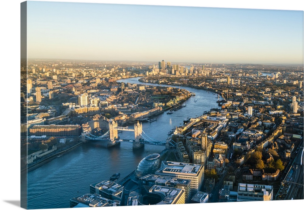 High view of London skyline along the River Thames from Tower Bridge to Canary Wharf, London, England, United Kingdom, Europe