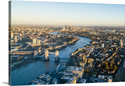 High view of London skyline along the River Thames from Tower Bridge to Canary Wharf