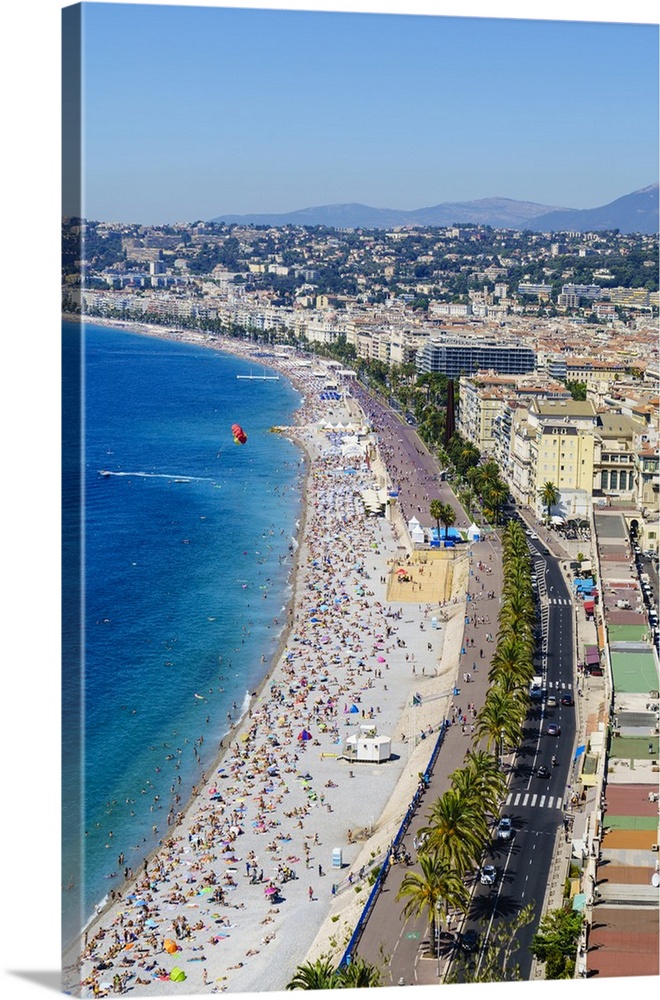 High view of the Promenade Anglais and beach, Nice, Alpes Maritimes, Cote d'Azur, Provence, France